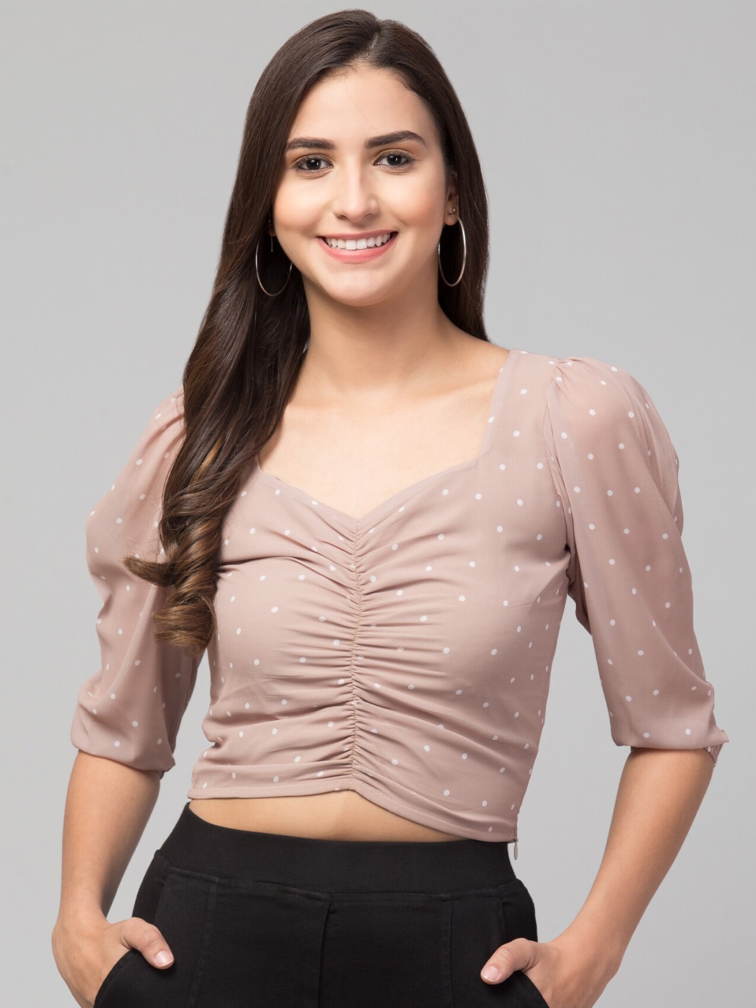 

Orchid Blues Beige Georgette Fitted Crop Top