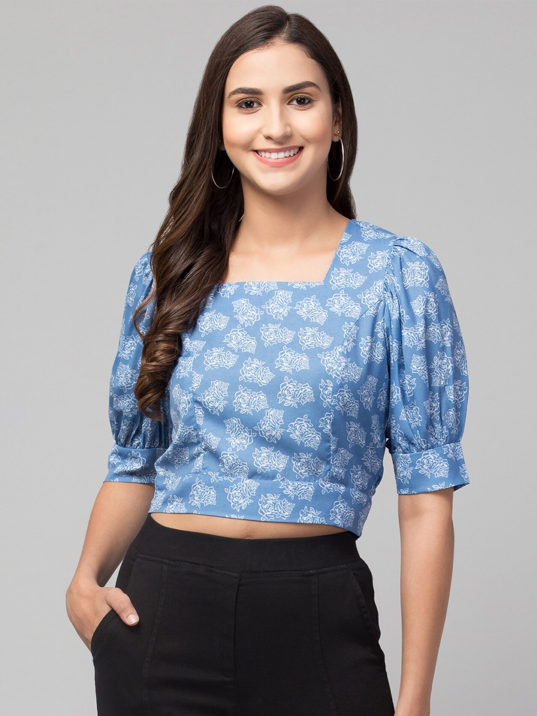 

Orchid Blues Blue Georgette Blouson Crop Top