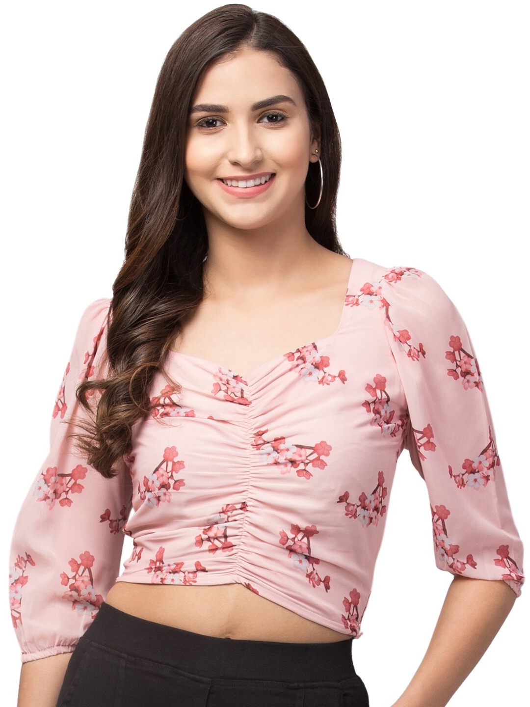 

Orchid Blues Pink Floral Sweetheart Neck Georgette Fitted Crop Top