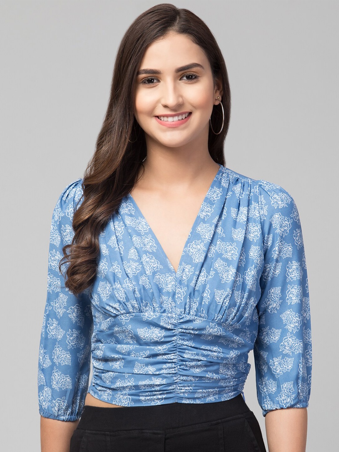 

Orchid Blues Blue Floral Georgette Wrap Crop Top