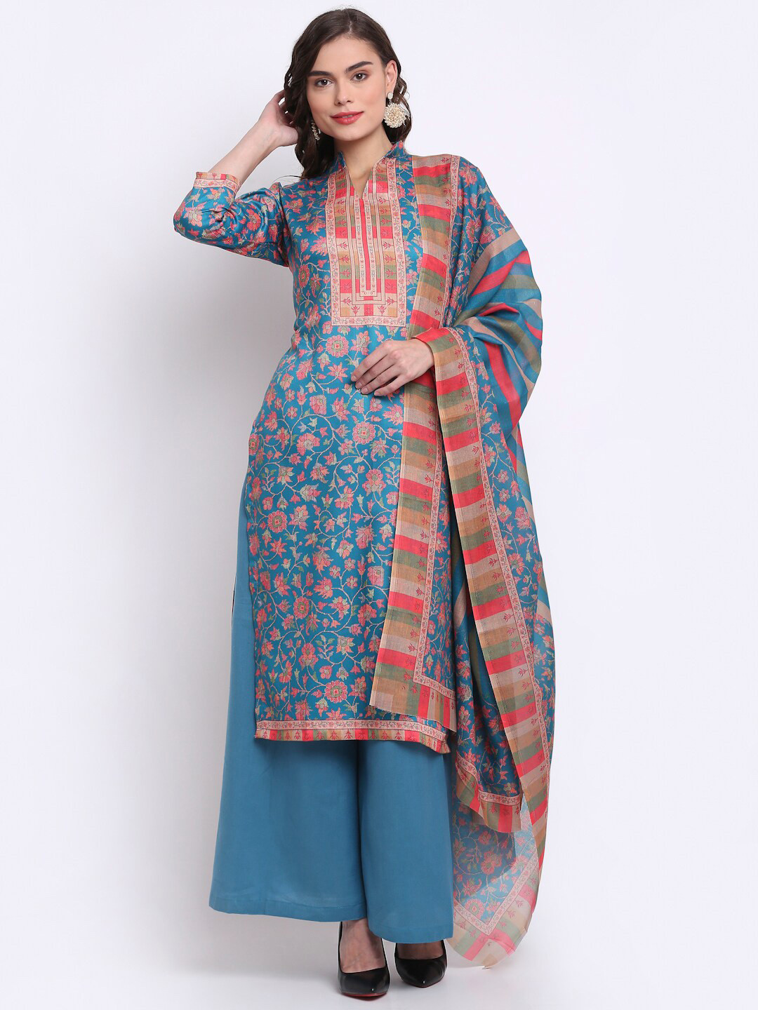 

Stylee LIFESTYLE Teal Blue & Red Printed Unstitched Dress Material