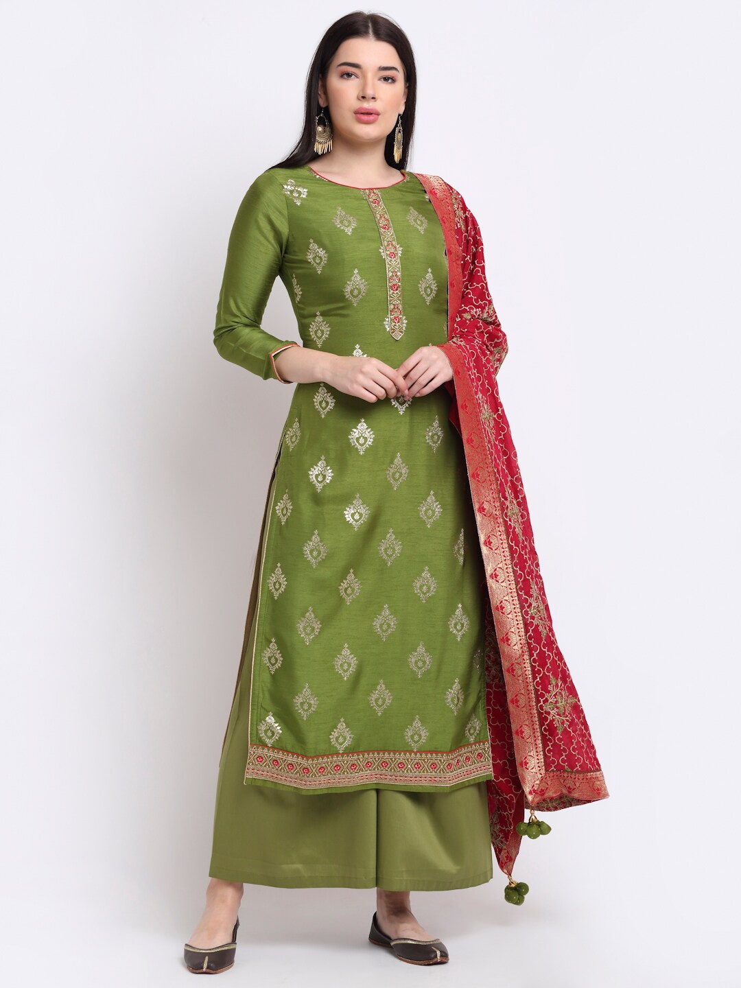 

Stylee LIFESTYLE Green & Pink Printed Art Silk Unstitched Dress Material