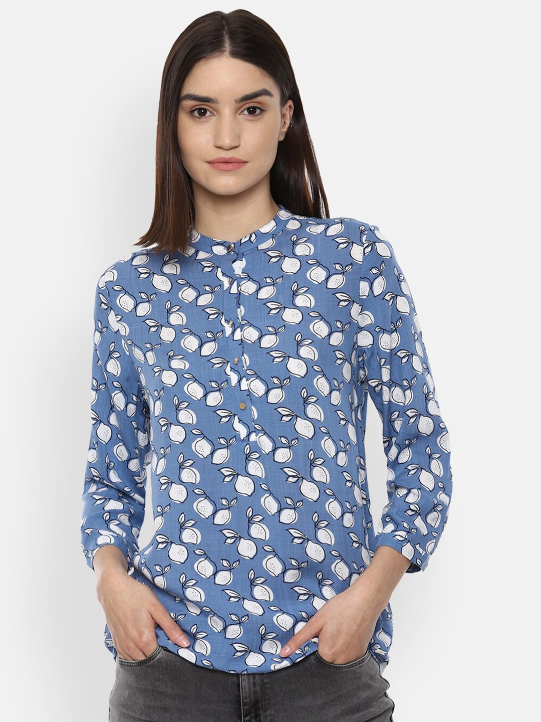 

Van Heusen Woman Blue Floral Mandarin Collar Shirt Style Top