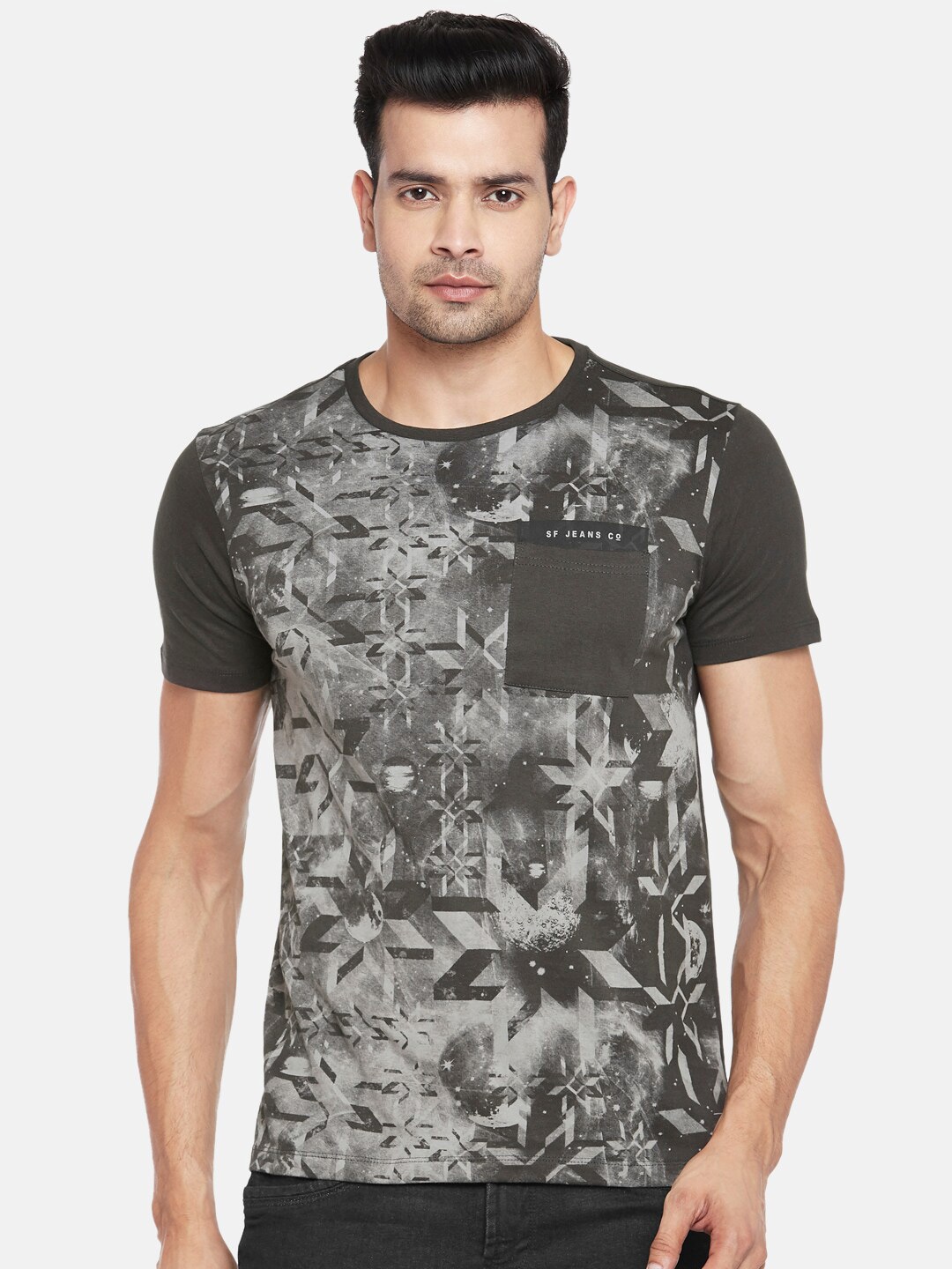 

SF JEANS by Pantaloons Men Charcoal Printed Pockets Slim Fit T-shirt
