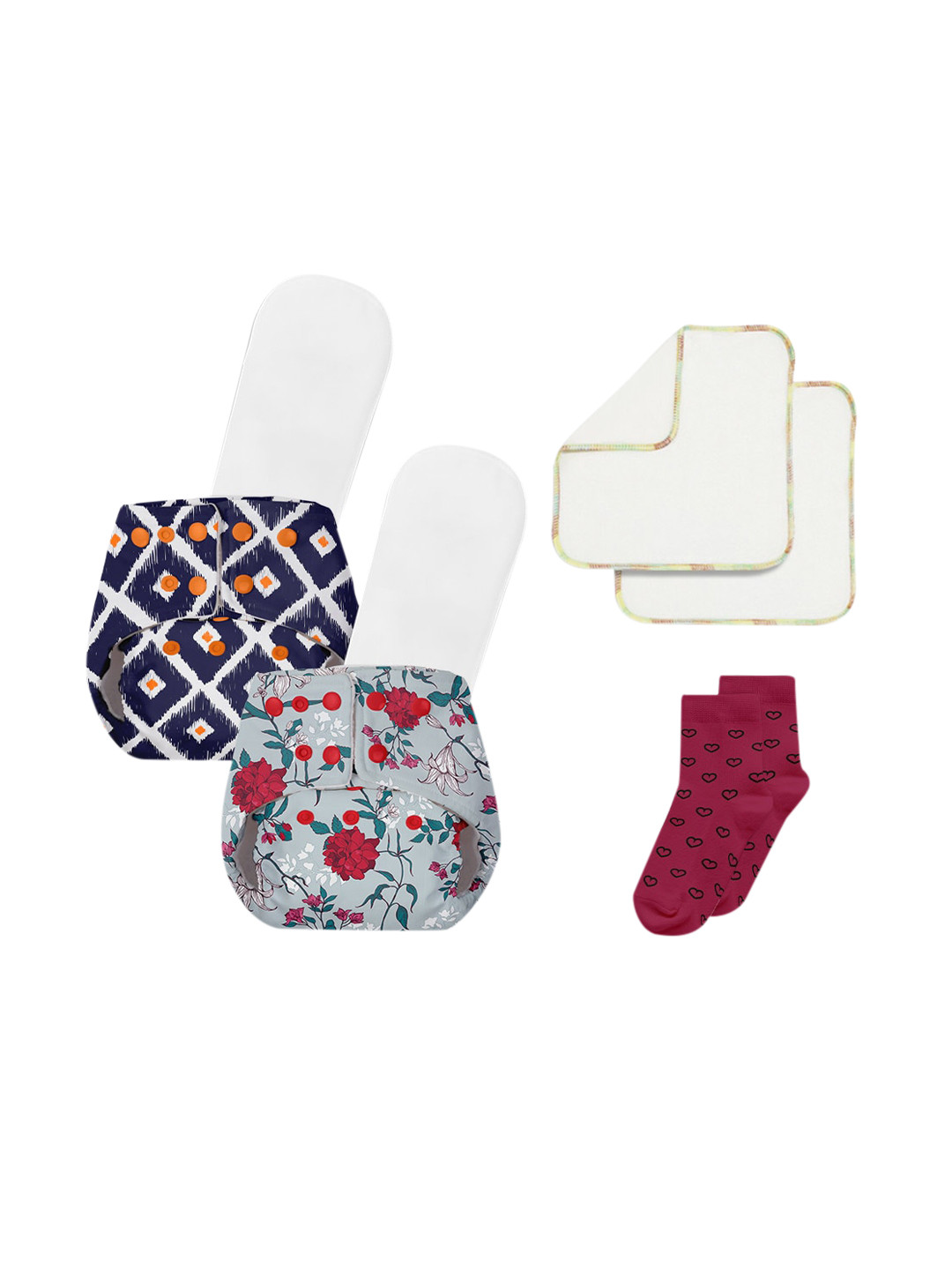 

BASIC by SuperBottoms Kids Pack of 2 Sustainable Reusable Diaper with Insert Sustainable Reusable Wipe Pair Socks, Multi