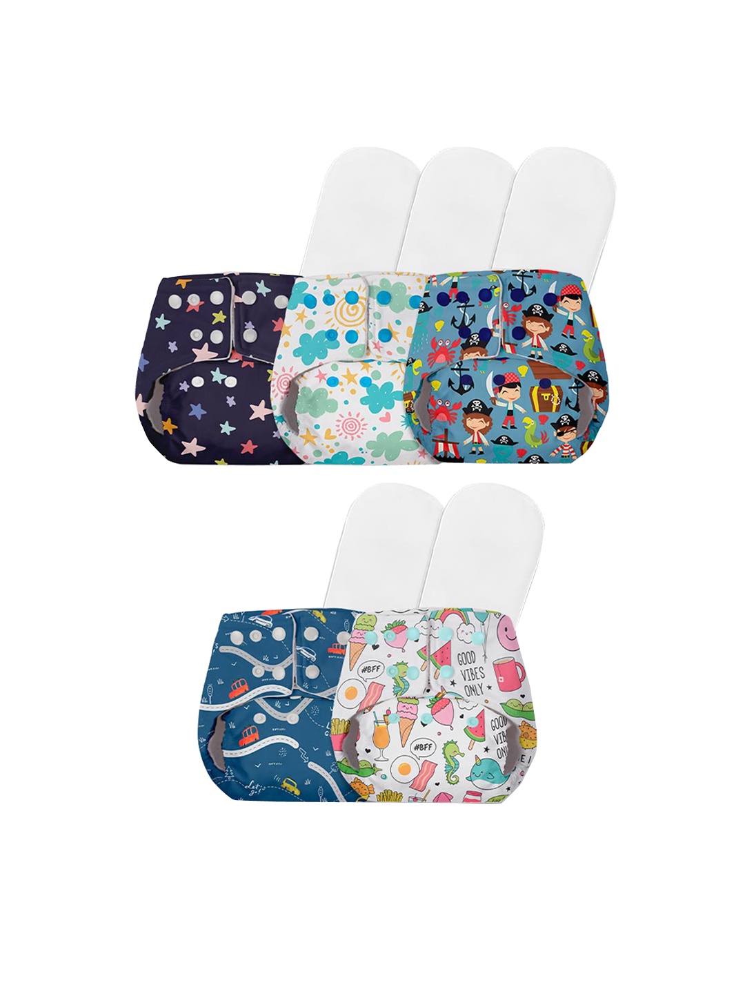 

BASIC by SuperBottoms Kids Pack of 5 Assorted Reusable Diapers with Inserts 0-3 Yrs, Multi