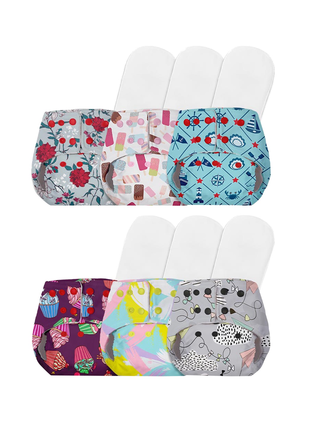 

BASIC by SuperBottoms Kids Pack of 6 Sustainable Reusable Diapers with 6 Dry feel Inserts, Multi