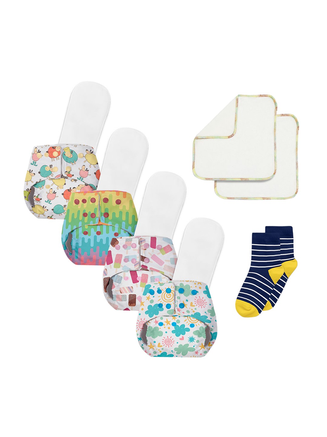 

BASIC by SuperBottoms Infants Kids White Blue Pack Of 4 Printed Sustainable Reusable Diapers With 4 Dry Feel Inserts 2 Sustainable Reusable Wipe 1 Pair Socks