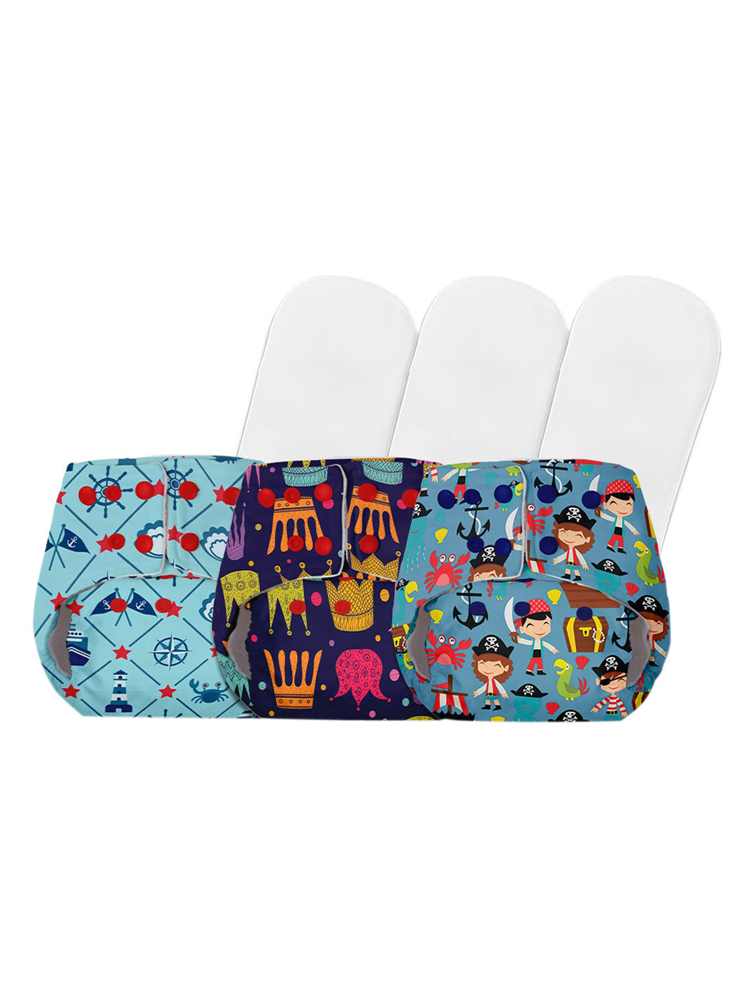 

BASIC by SuperBottoms Infants Kids Cotton Set Of 3 Printed Sustainable Reusable Diapers With 3 Dry Feel Inserts, Navy blue