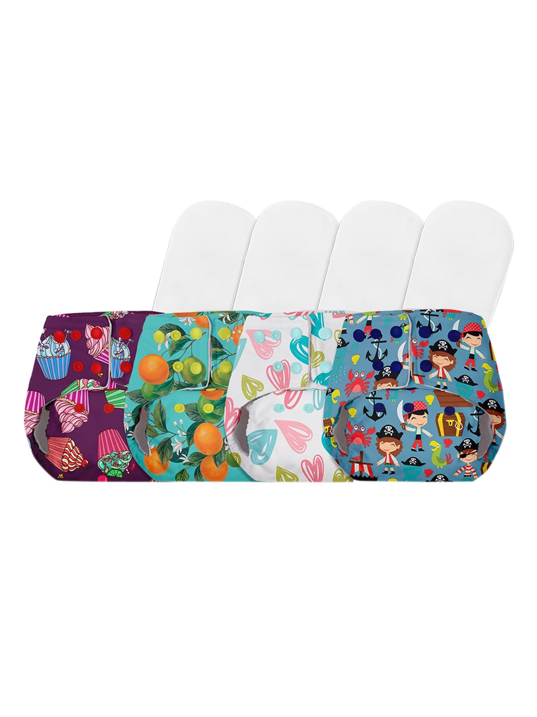 

BASIC by SuperBottoms Infants Kids Pack Of 4 White Blue Printed Sustainable Reusable Diapers With 4 Dry Feel Inserts