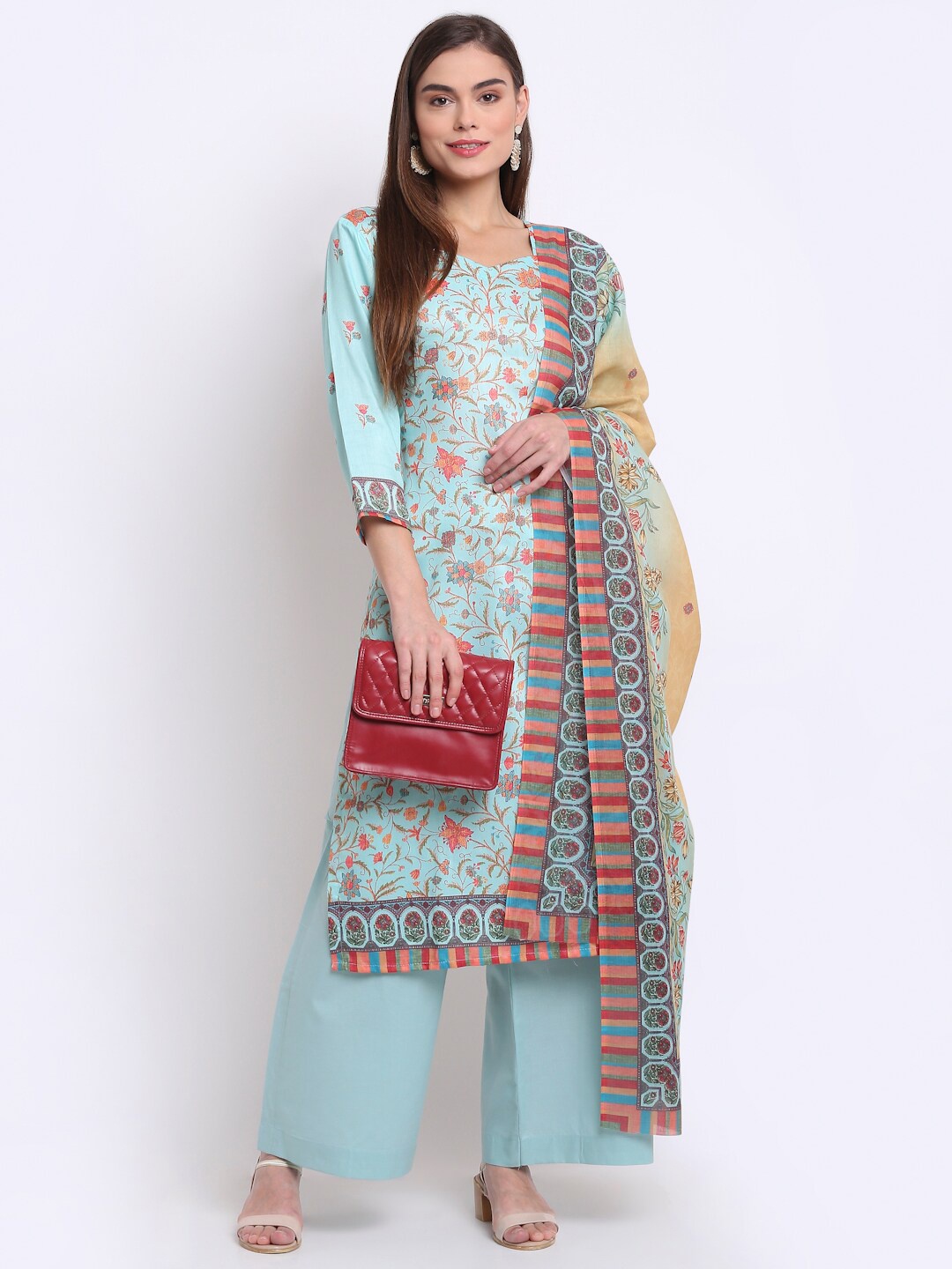 

Stylee LIFESTYLE Turquoise Blue & Red Printed Unstitched Dress Material