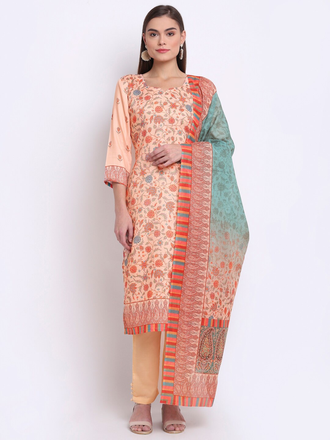 

Stylee LIFESTYLE Peach-Coloured & Turquoise Blue Printed Unstitched Dress Material