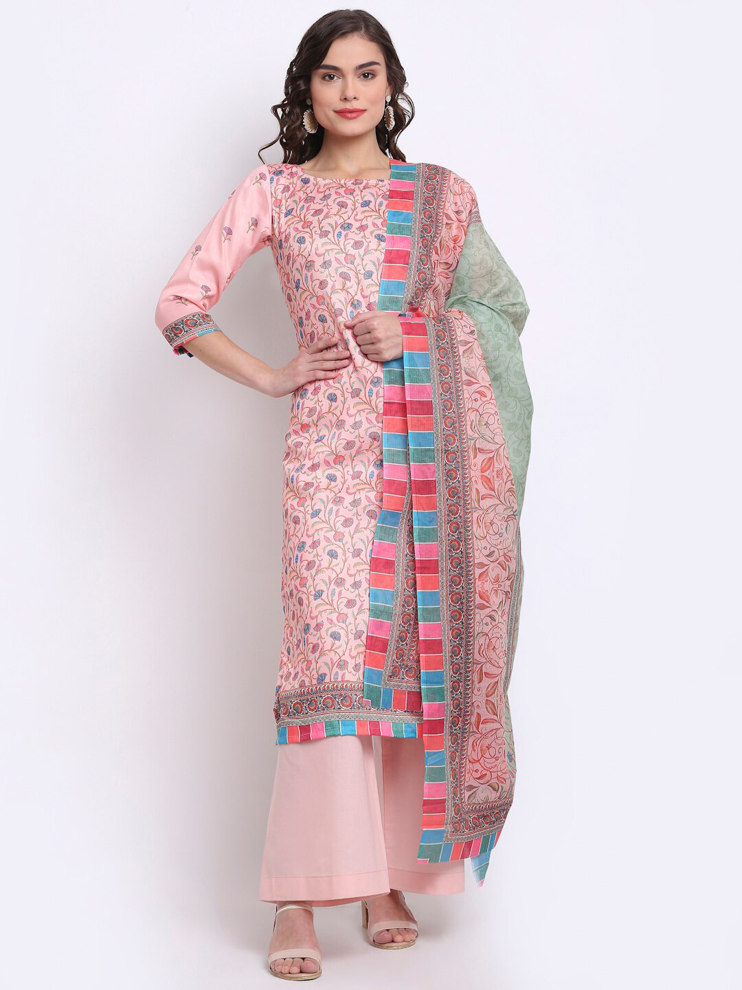 

Stylee LIFESTYLE Pink & Green Printed Unstitched Dress Material