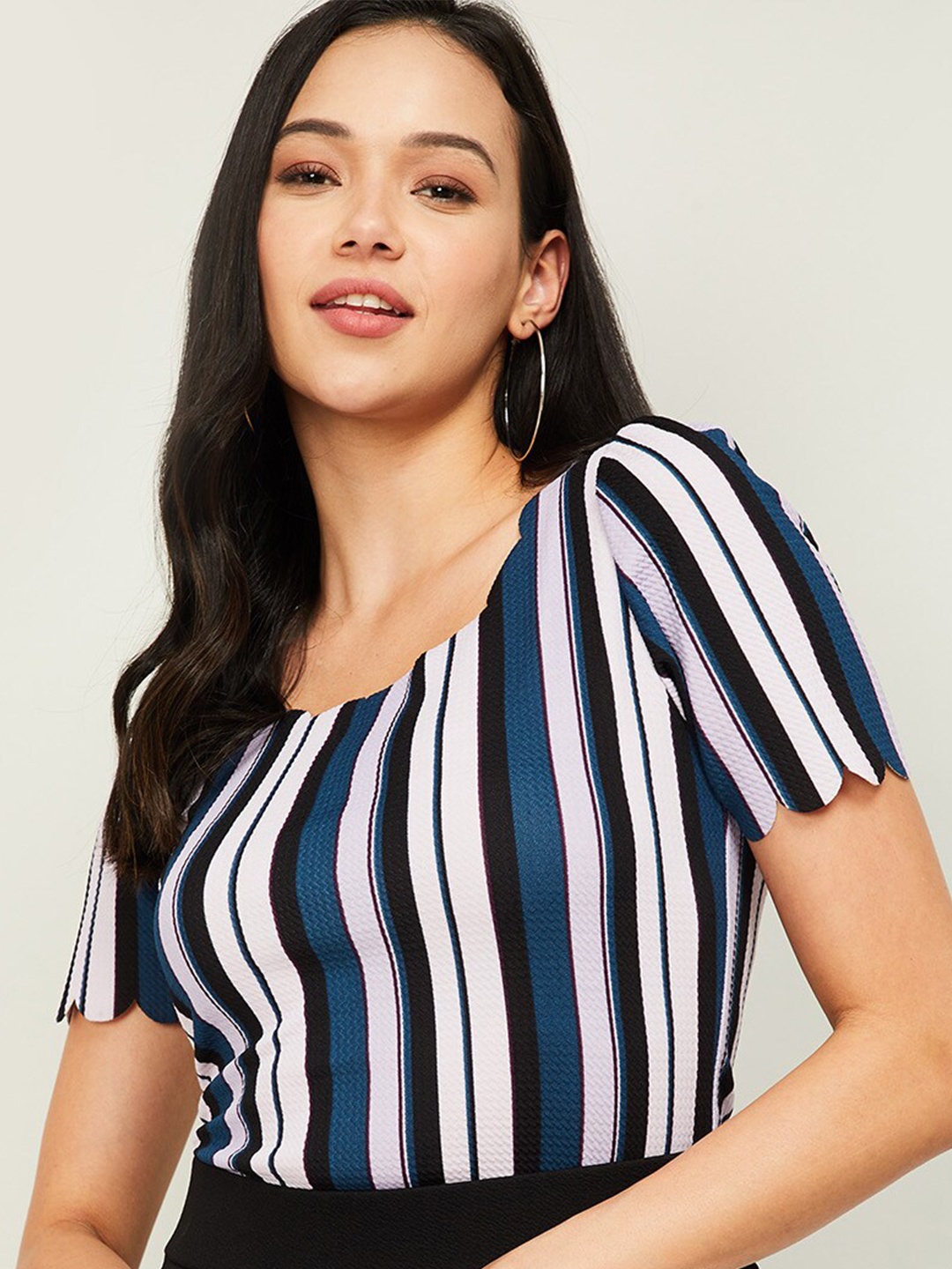 

CODE by Lifestyle Navy Blue & White Striped Regular Top