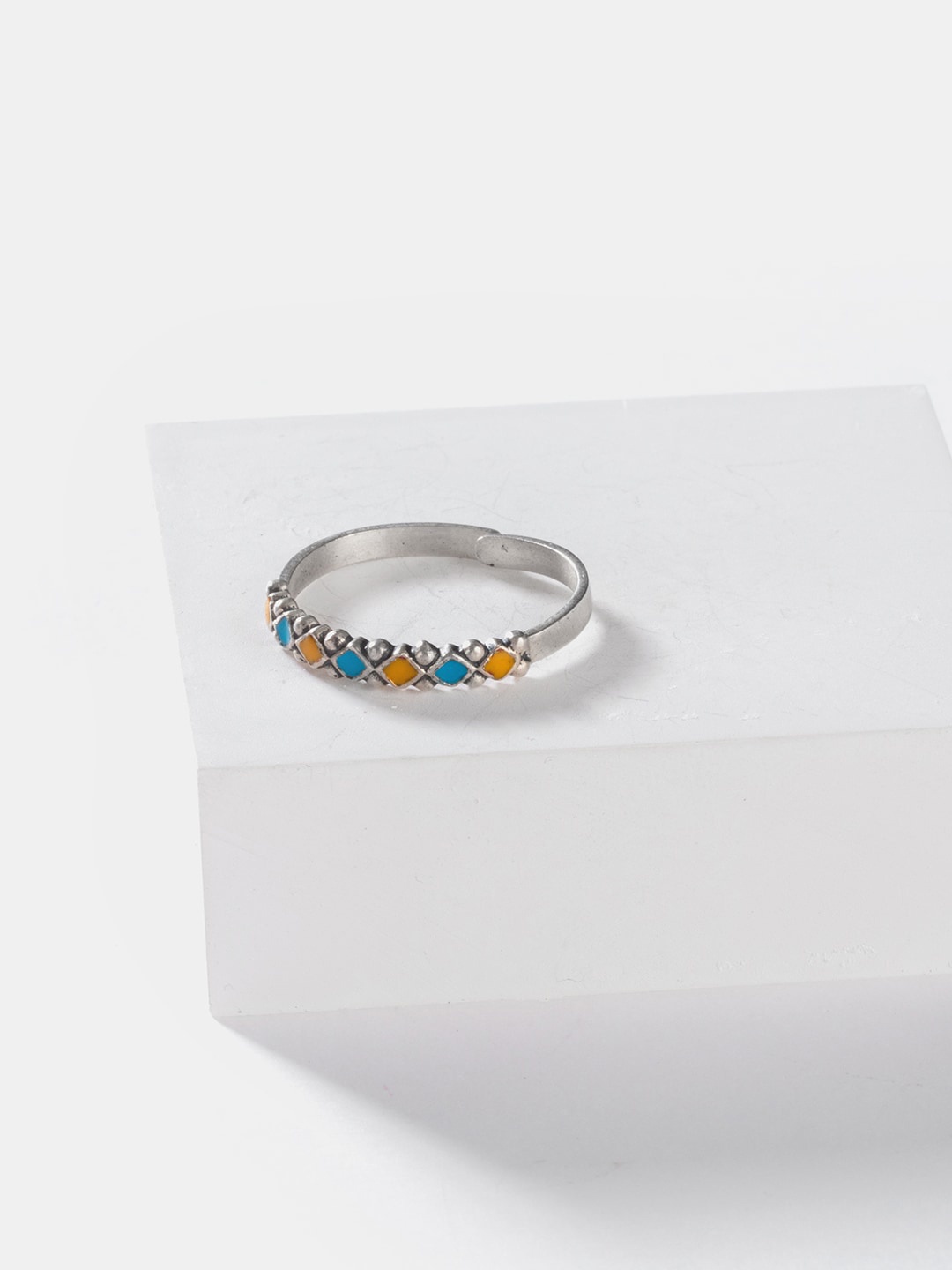 

SHAYA Silver-Plated Blue & Yellow Enamelled Adjustable Finger Ring