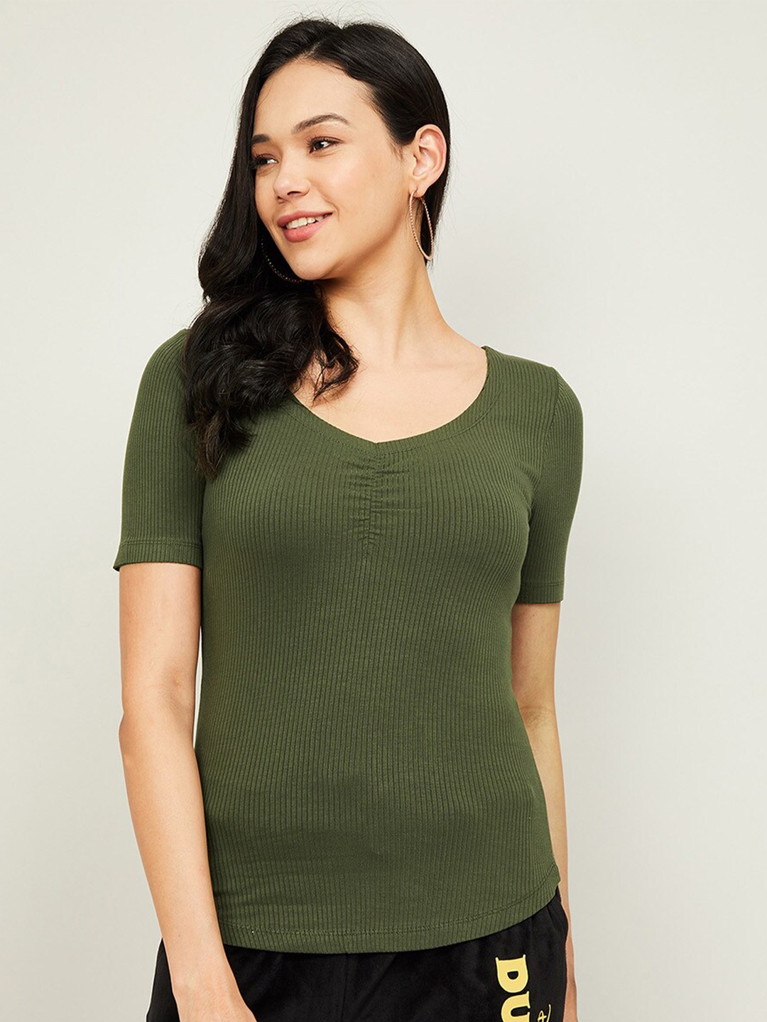 

Ginger by Lifestyle Olive Green Ribbed Fitted Top