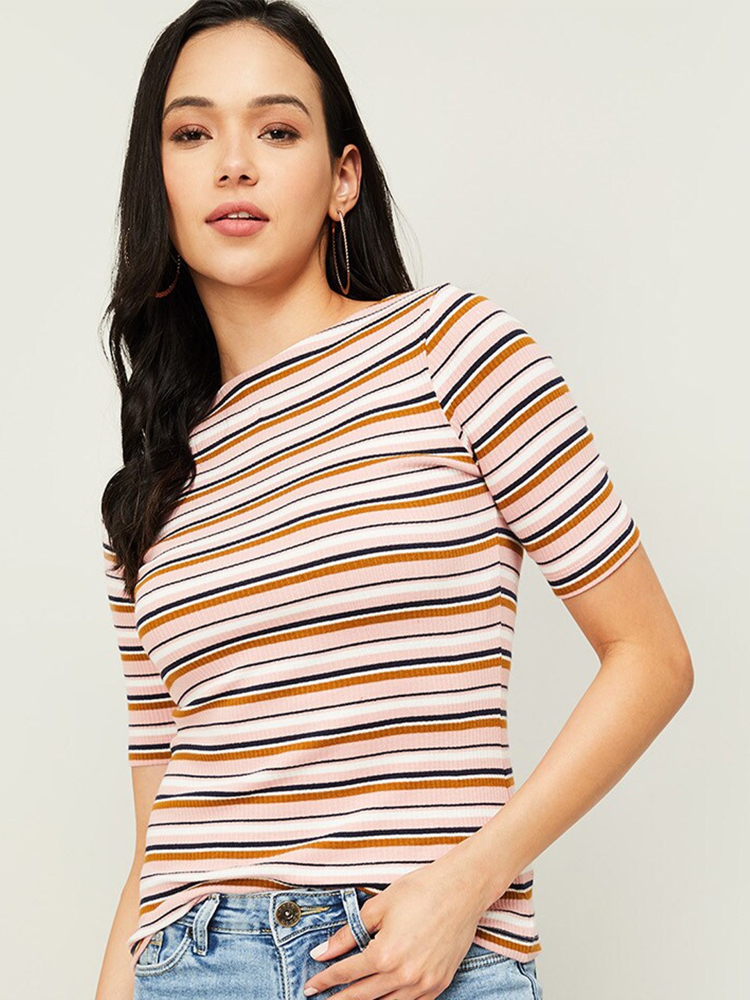 

Ginger by Lifestyle Pink & Brown Striped Regular Top