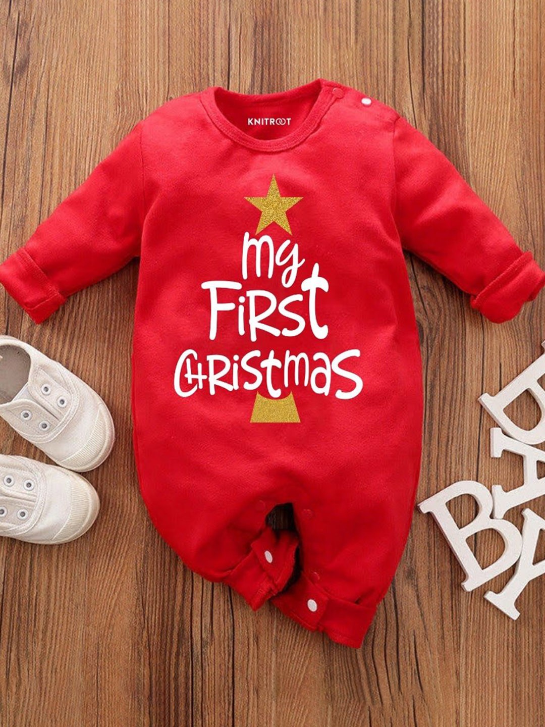 

KNITROOT Infants Kids Red Printed Cotton Romper