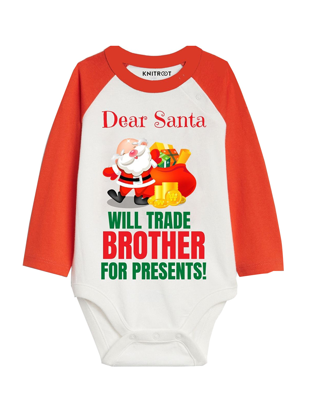 

KNITROOT Kids Red & White Dear Santa Full Sleeve Cotton Raglan Bodysuit