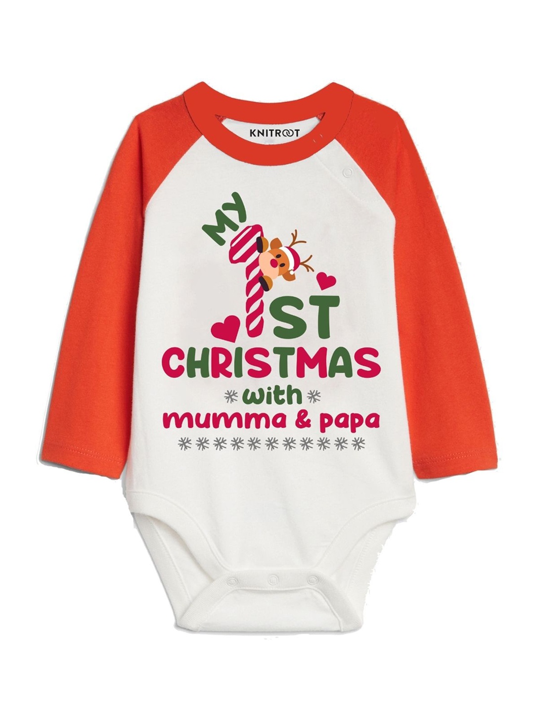 

KNITROOT Infant Kids Red & White 1st Christmas Full Sleeve Raglan Baby Bodysuit