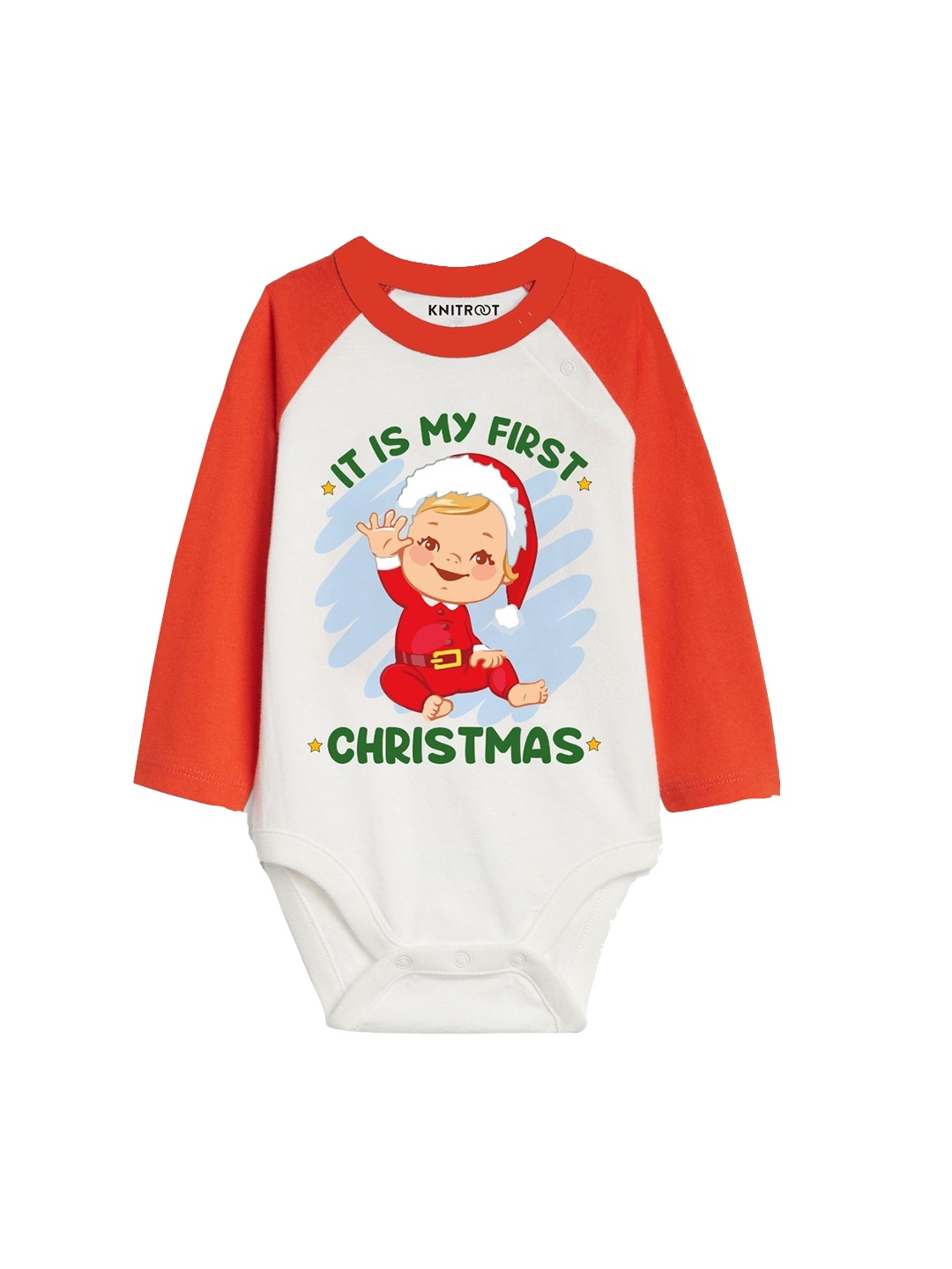 

KNITROOT Kids Red & White First Christmas Full Sleeve Raglan Bodysuit