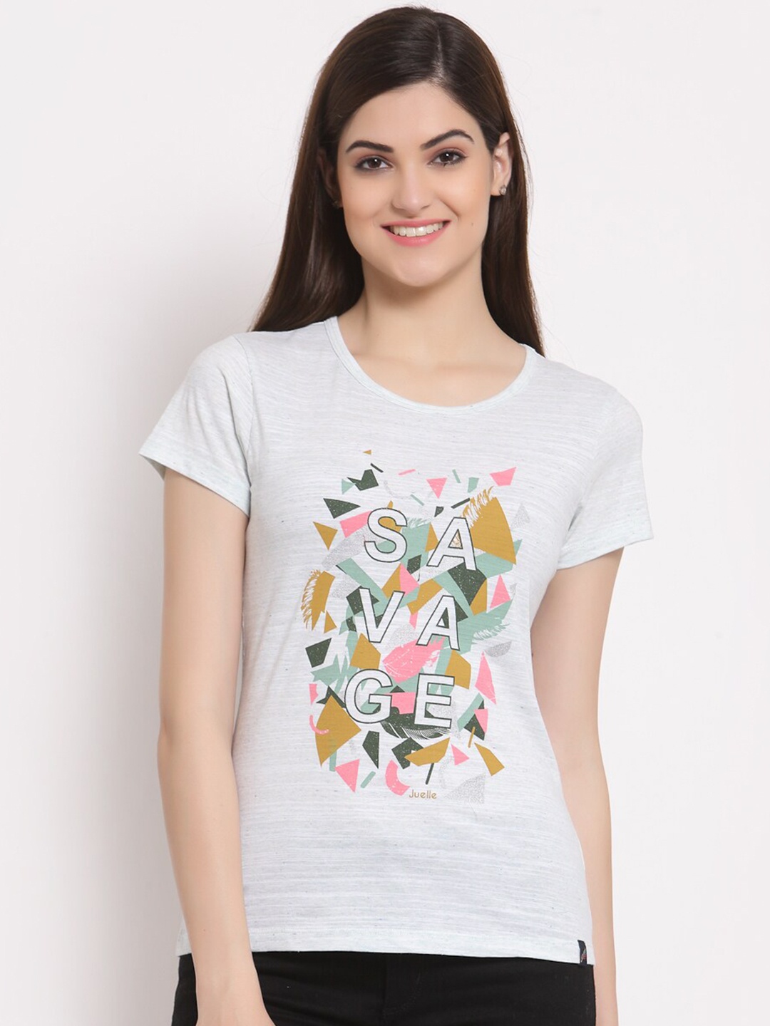 

Juelle Women Grey Typography Printed Round Neck Pure Cotton T-shirt