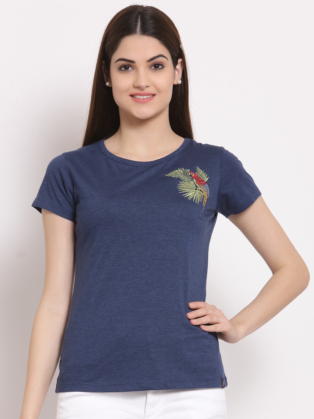 

Juelle Women Navy Blue Solid Round Neck Pure Cotton T-shirt with Embroidery