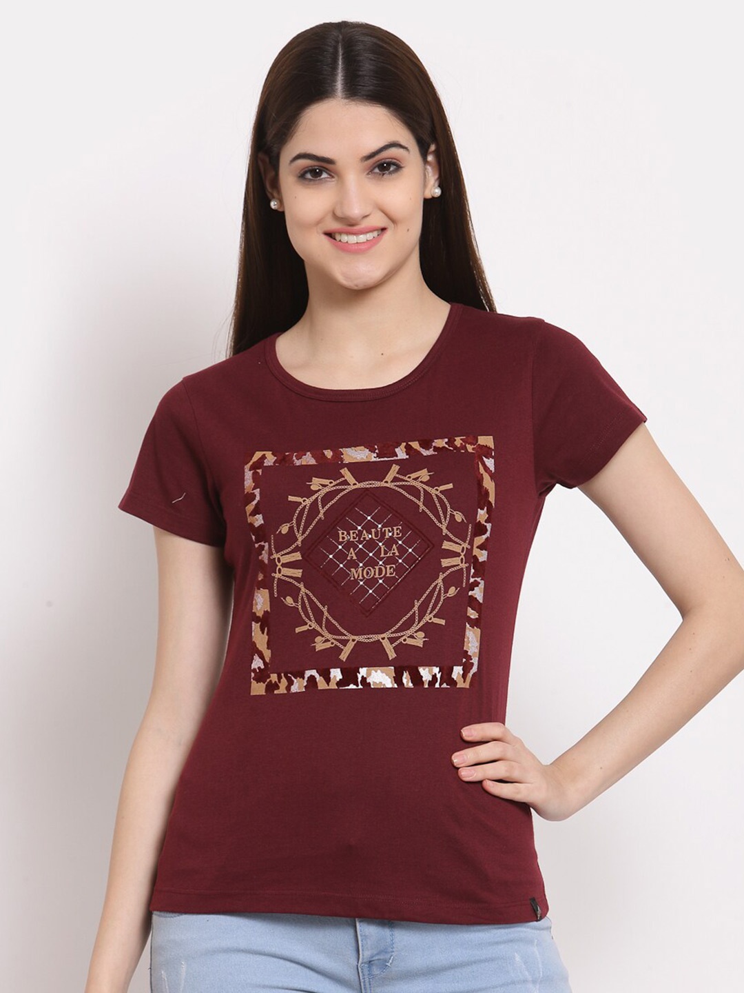 

Juelle Women Maroon Typography Printed Round Neck Pure Cotton T-shirt
