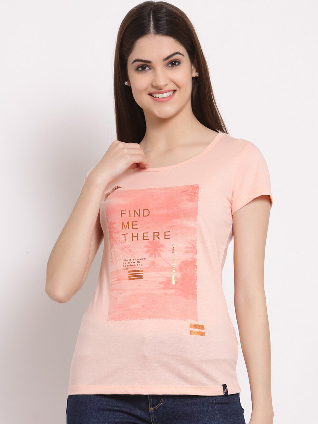 

Juelle Women Peach-Coloured Typography Printed Round Neck Pure Cotton T-shirt