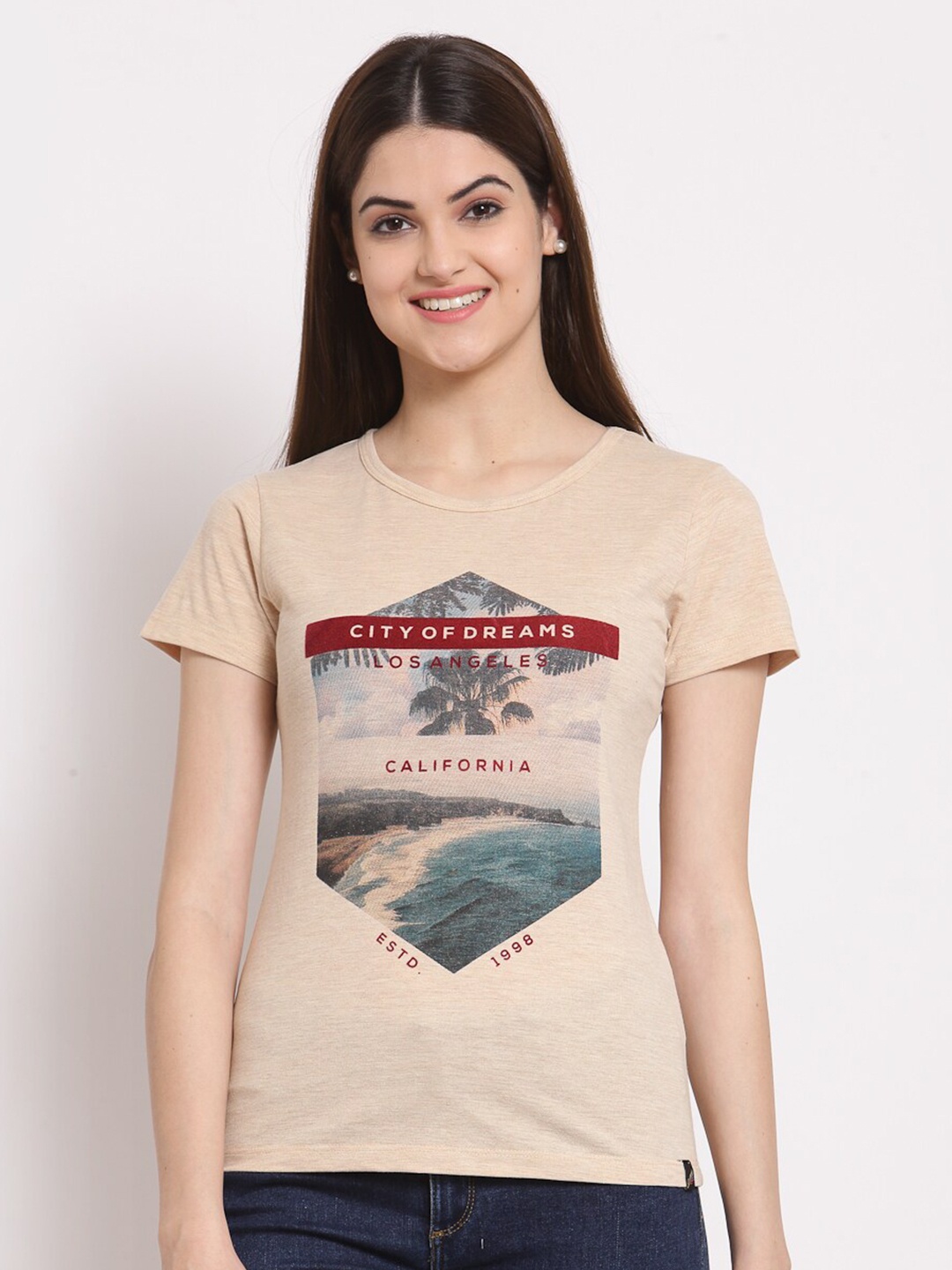 

Juelle Women Khaki Printed Round Neck Pure Cotton T-shirt