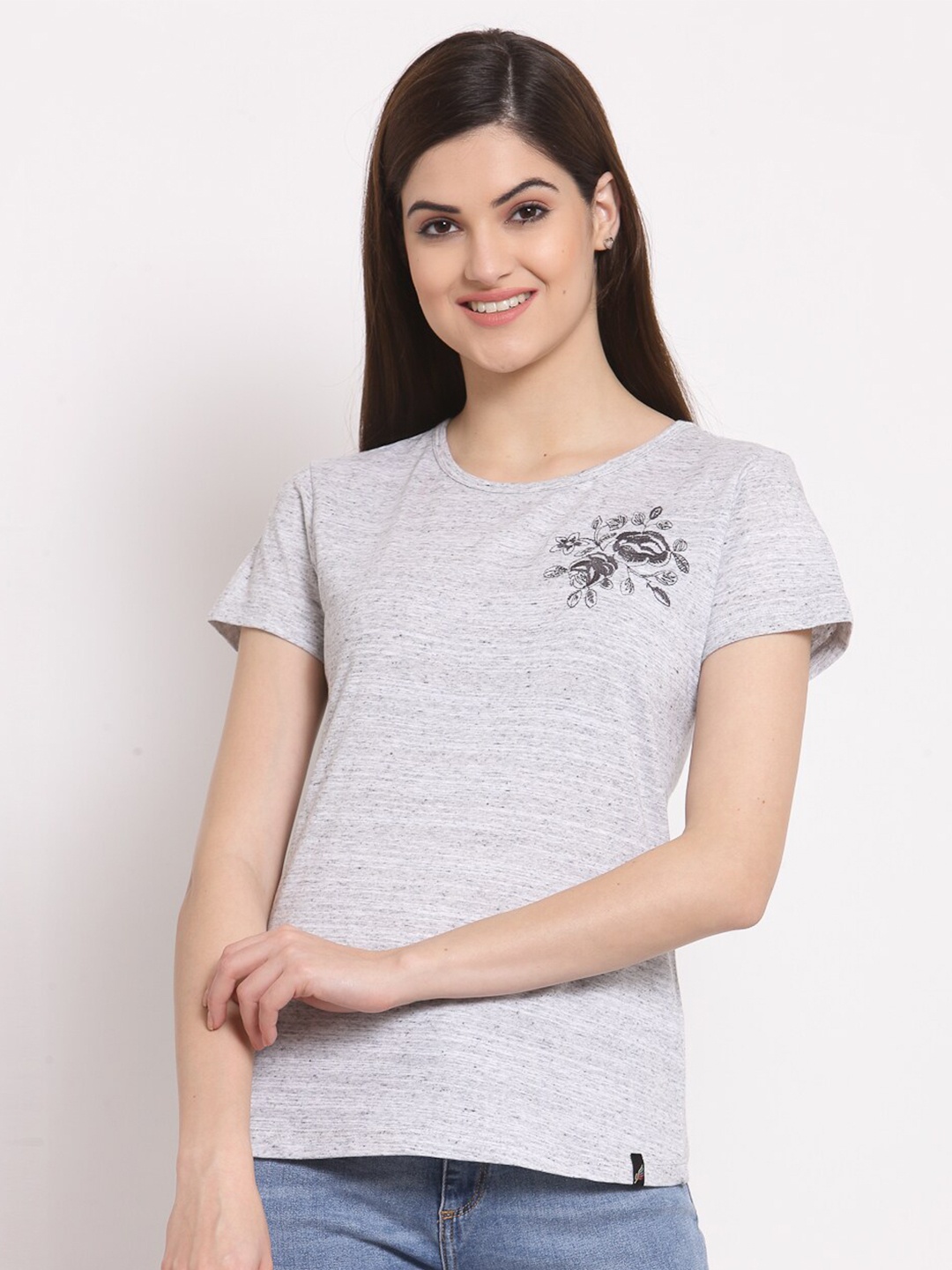 

Juelle Women Grey Melange Solid Round Neck Pure Cotton T-shirt with Embroidery