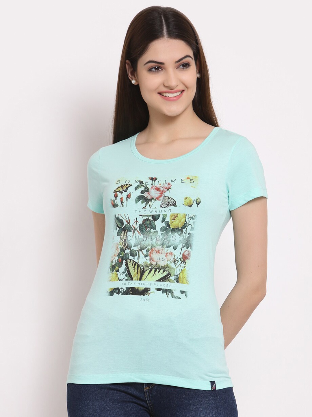 

Juelle Women Sea Green Floral Printed Round Neck Pure Cotton T-shirt