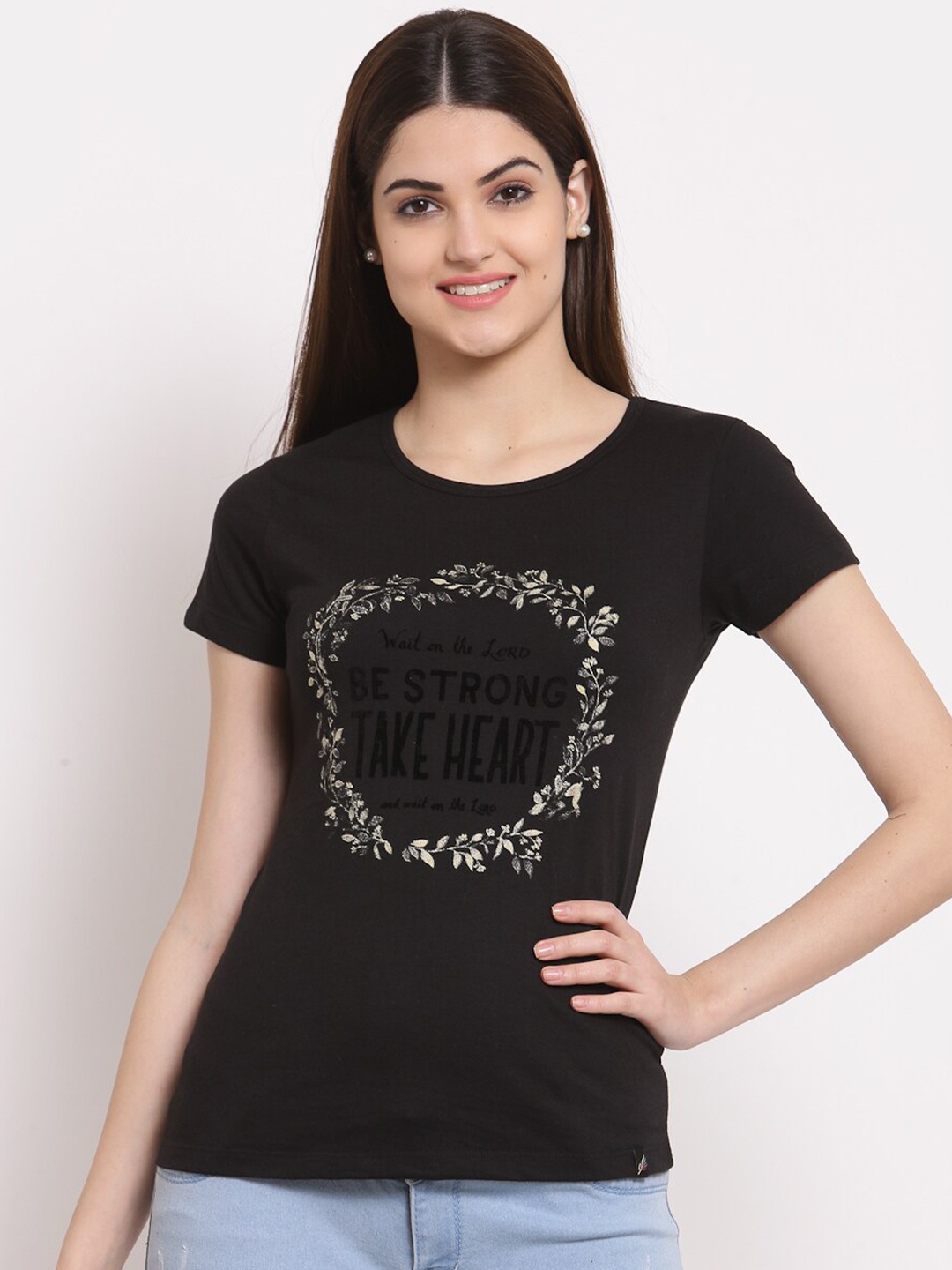 

Juelle Women Black Typography Printed Round Neck Pure Cotton T-shirt