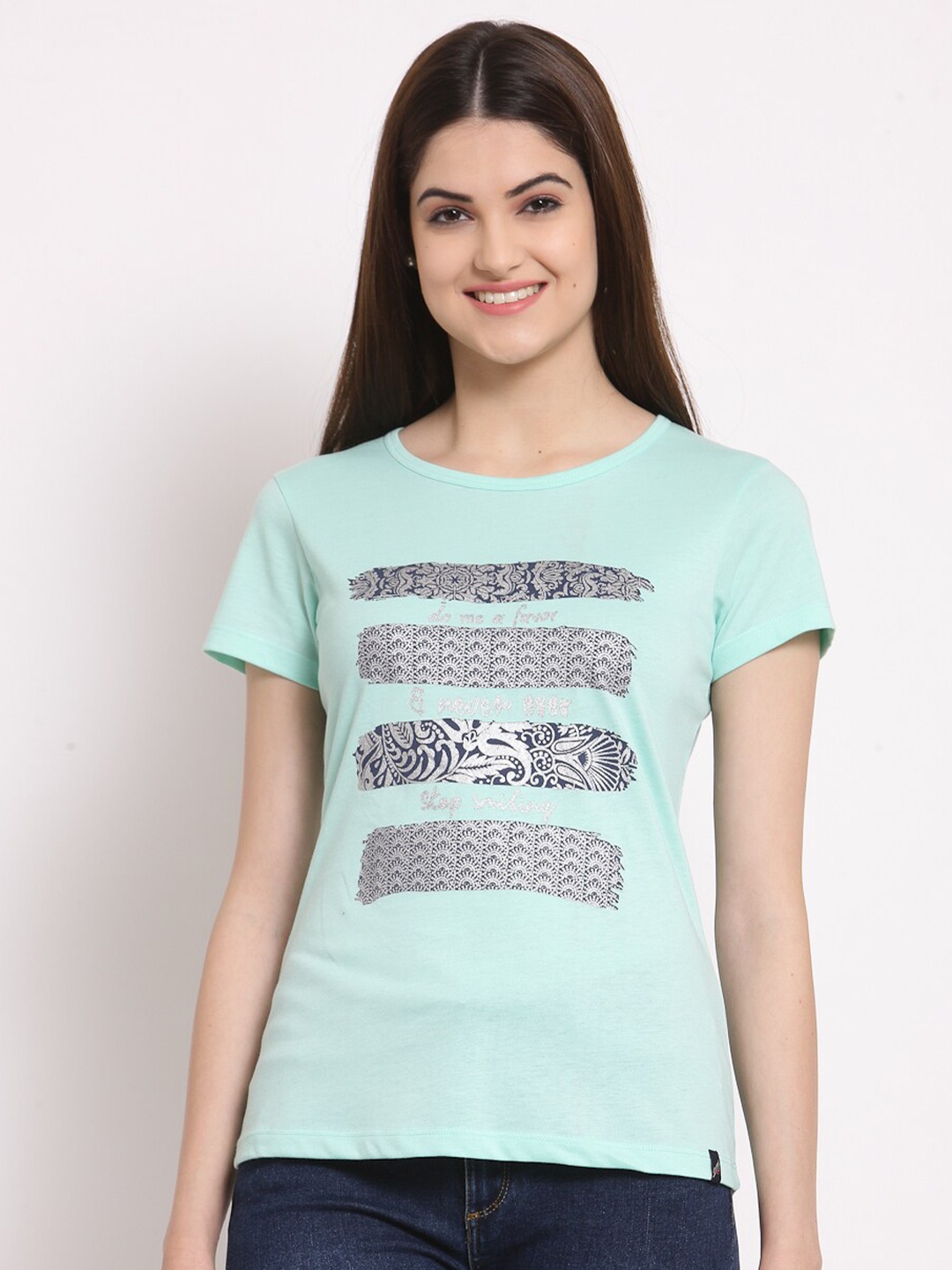 

Juelle Women Turquoise Blue Typography Printed Round Neck Pure Cotton T-shirt