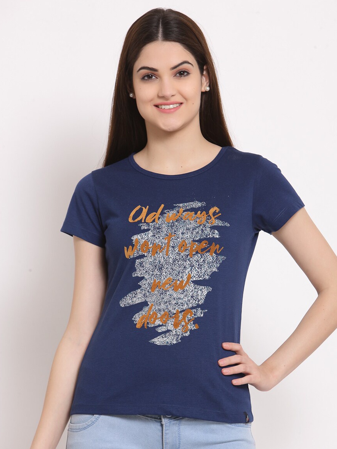 

Juelle Women Navy Blue Typography Printed Round Neck Pure Cotton T-shirt