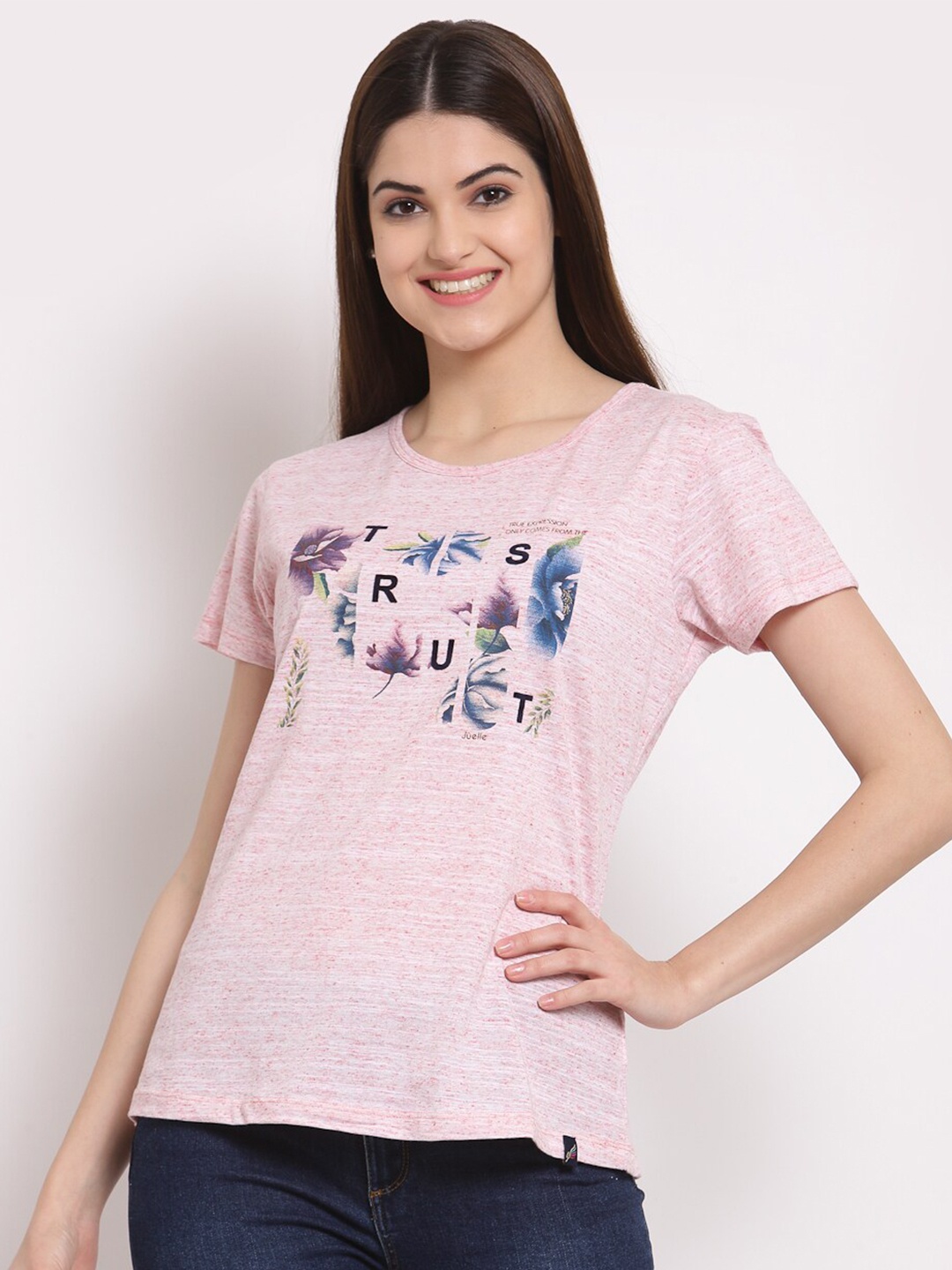 

Juelle Women Pink Floral Printed Round Neck Pure Cotton T-shirt