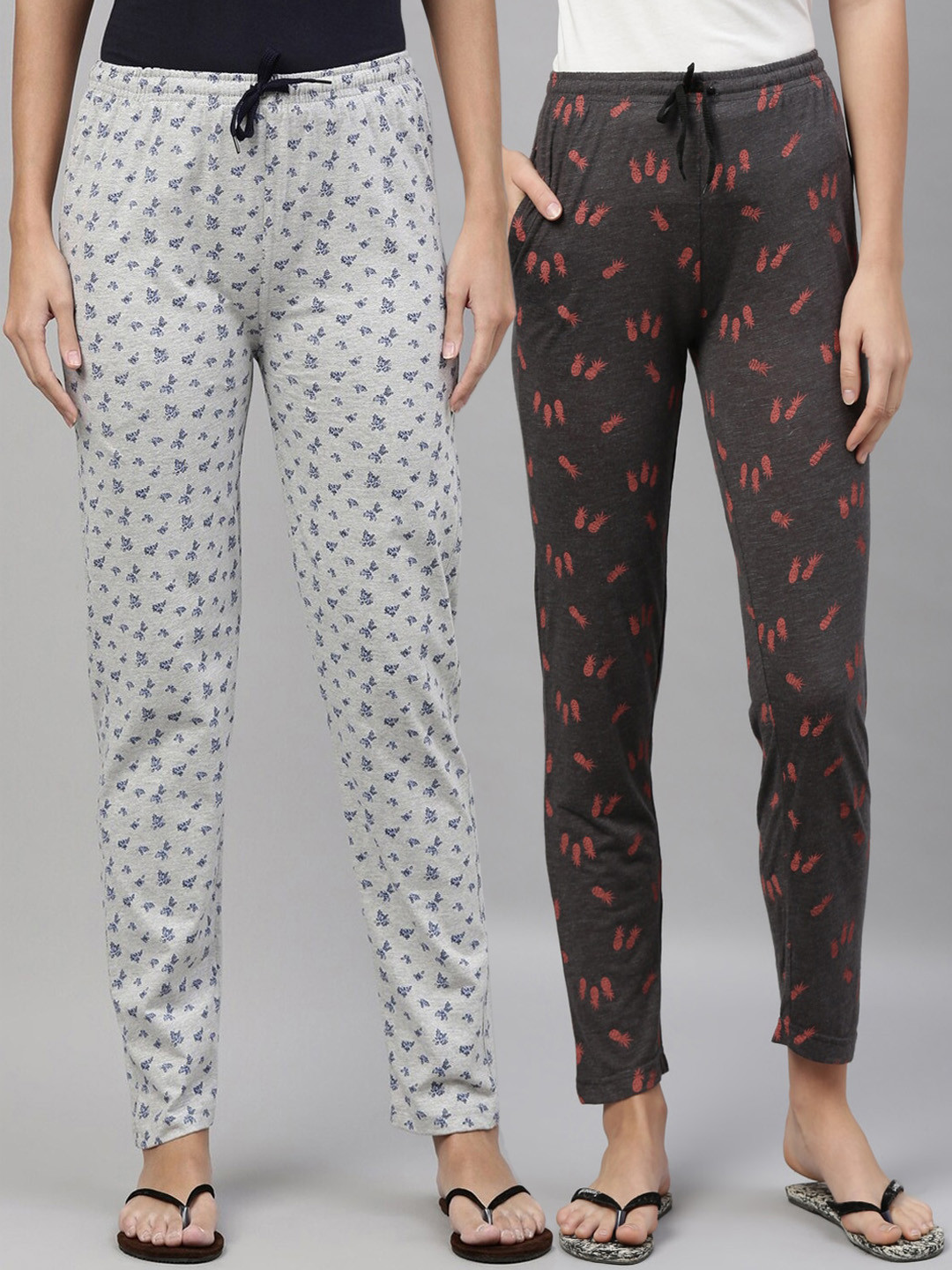 

Kryptic Women Pack Of 2 Printed Pure Cotton Lounge Pants, Grey melange