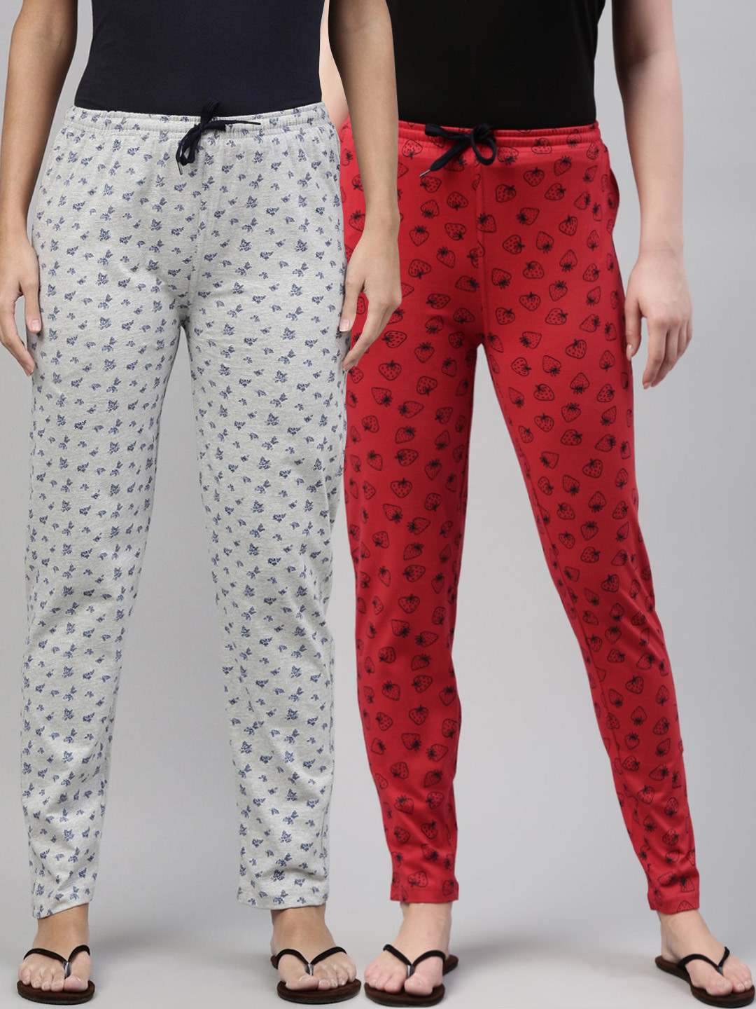 

Kryptic Women Pack Of 2 Printed Pure Cotton Lounge Pants, Grey melange