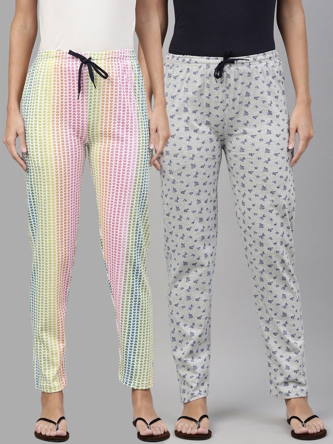 

Kryptic Women Pack Of 2 Printed Pure Cotton Lounge Pants, Grey melange