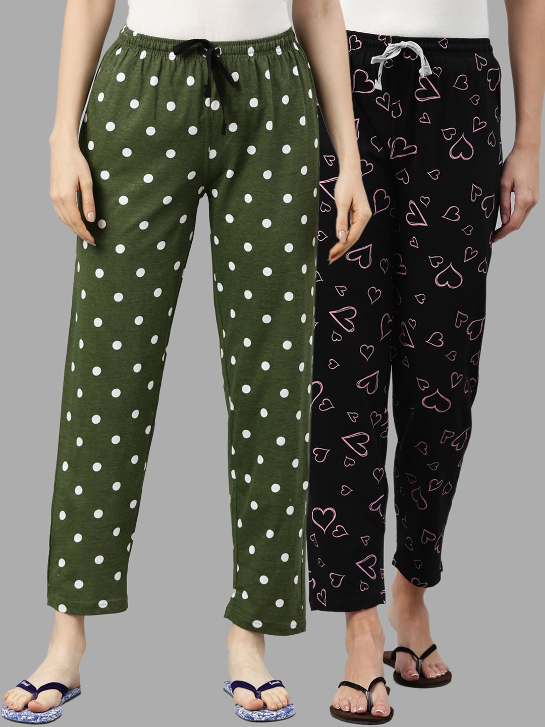 

Kryptic Women Pack Of 2 Printed Pure Cotton Lounge Pants, Green