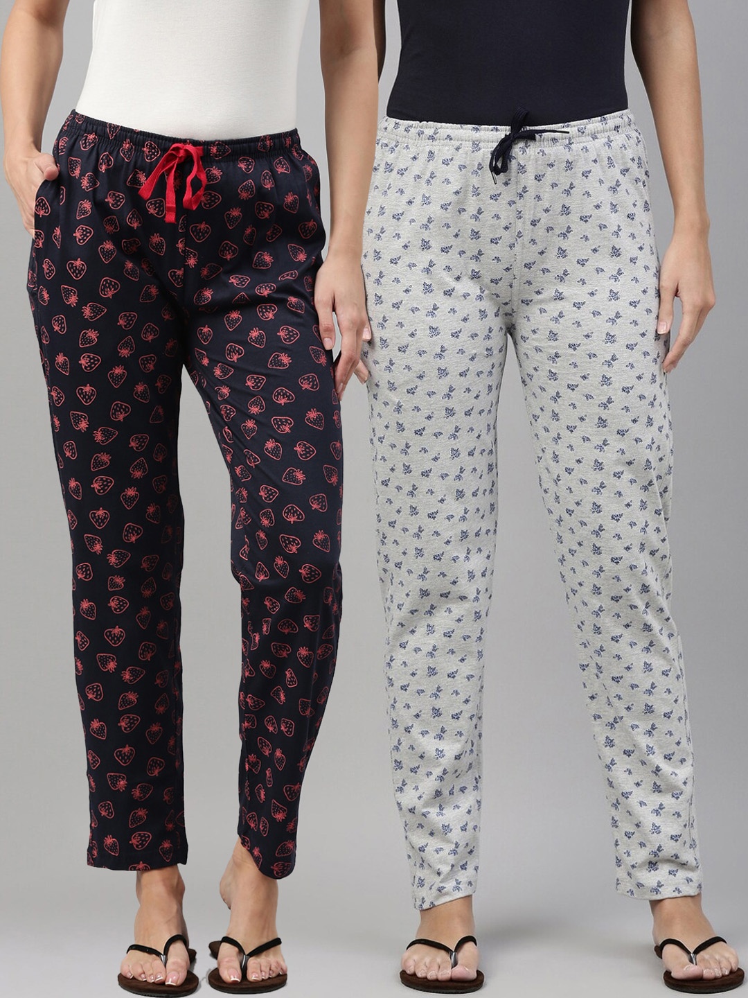 

Kryptic Women Pack Of 2 Printed Pure Cotton Lounge Pants, Grey melange
