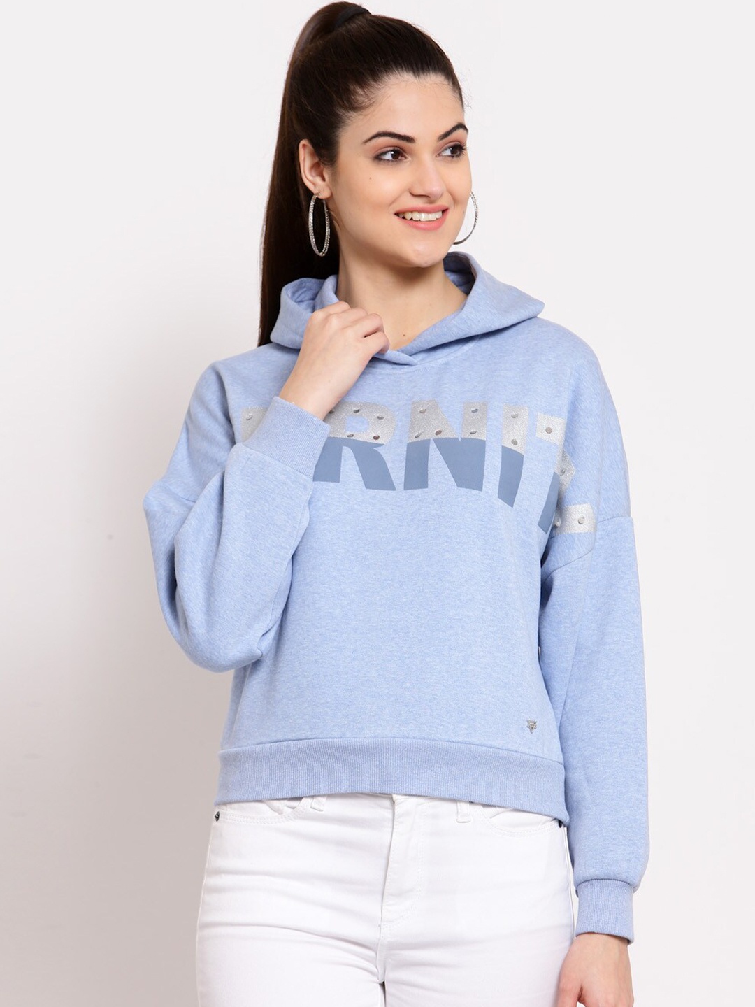 

Juelle Women Blue Printed Hooded Sweatshirt