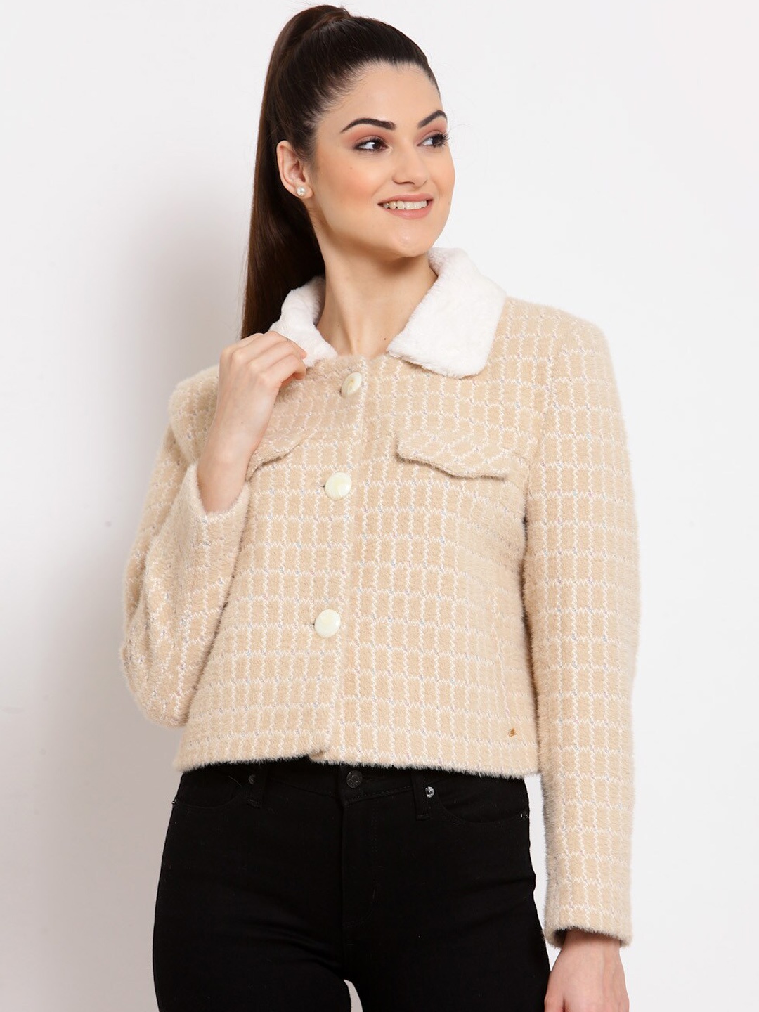 

Juelle Women Cream-Coloured & White Checked Coat