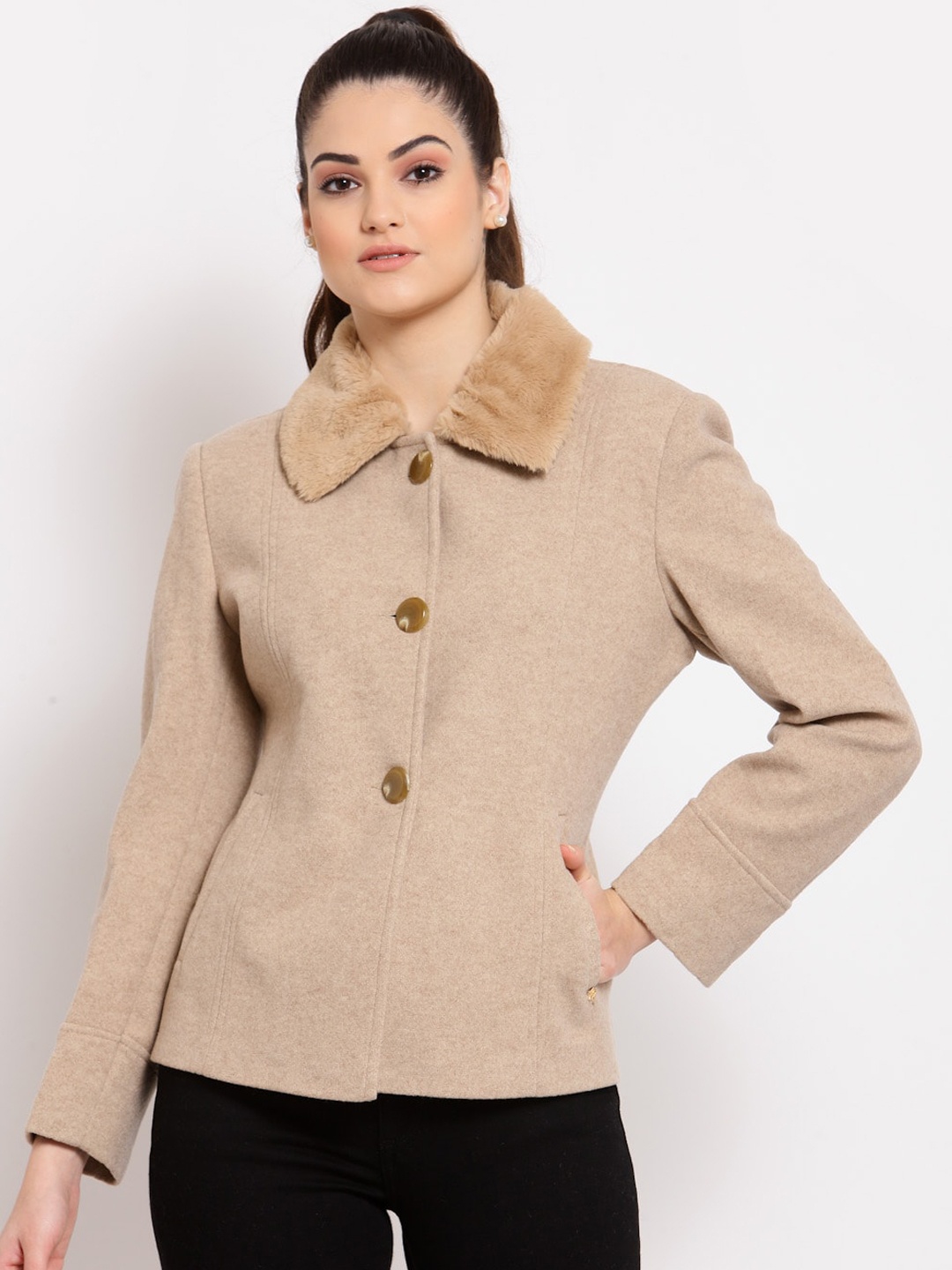 

Juelle Women Khaki-Coloured Solid Over Coat