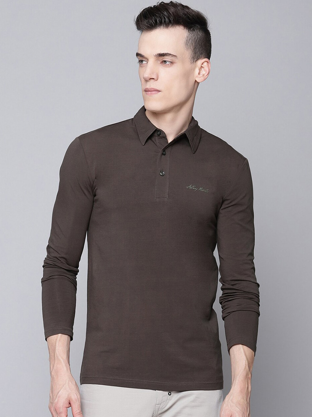 

Antony Morato Men Charcoal Grey Solid Slim Fit Polo Collar T-shirt