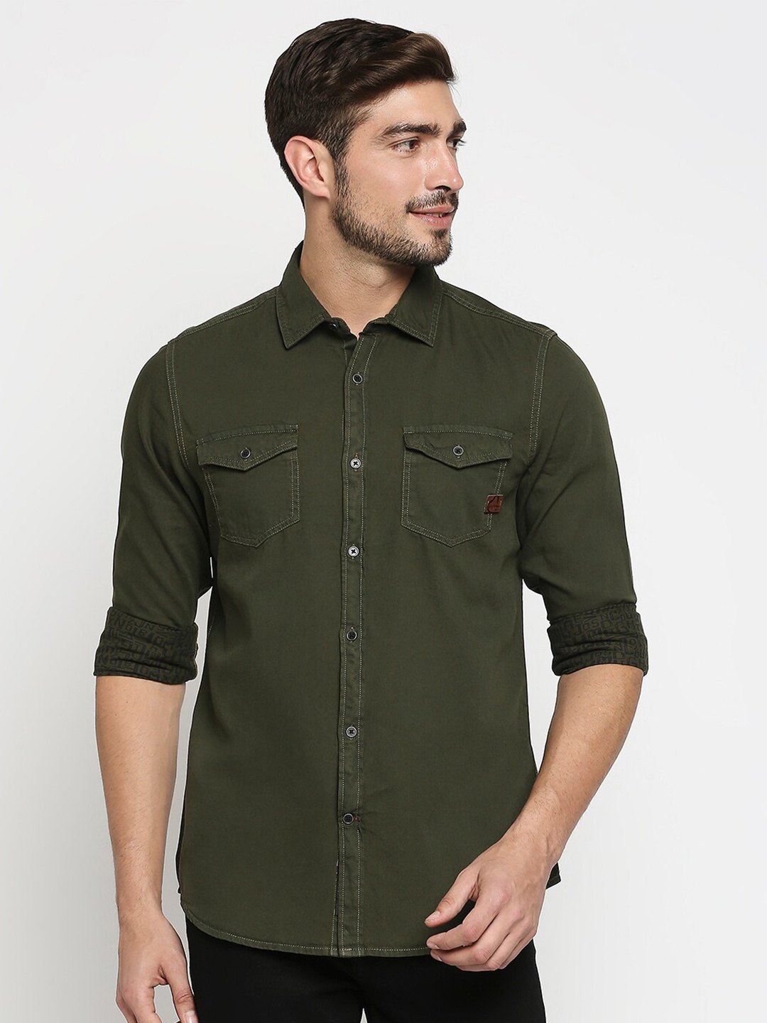 

Being Human Men Olive Green Pure Cotton Solid Slim Fit Casual Shirt