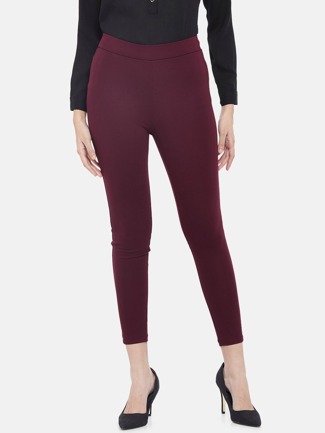 

Annabelle by Pantaloons Women Maroon Solid Slim Fit Treggings