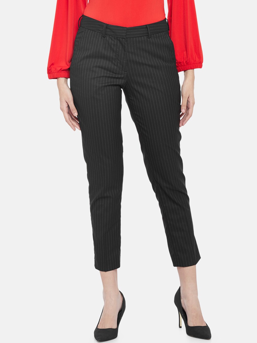 

Annabelle by Pantaloons Women Black Striped Slim Fit Formal Trousers