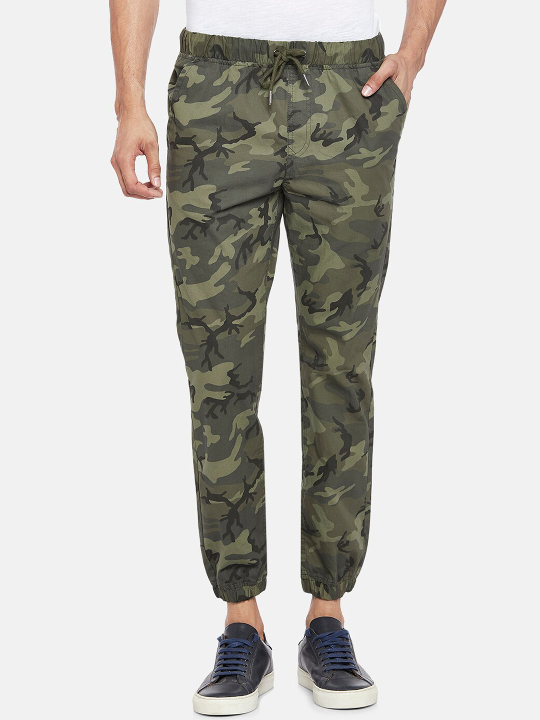 

Urban Ranger by pantaloons Men Olive Green Camouflage Printed Slim Fit Joggers Trousers