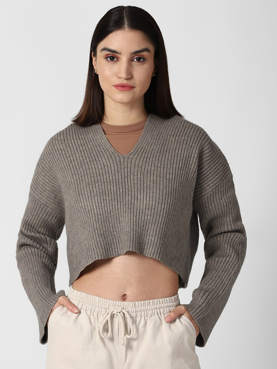 

FOREVER 21 Women Grey Ribbed Hooded Crop Pullover